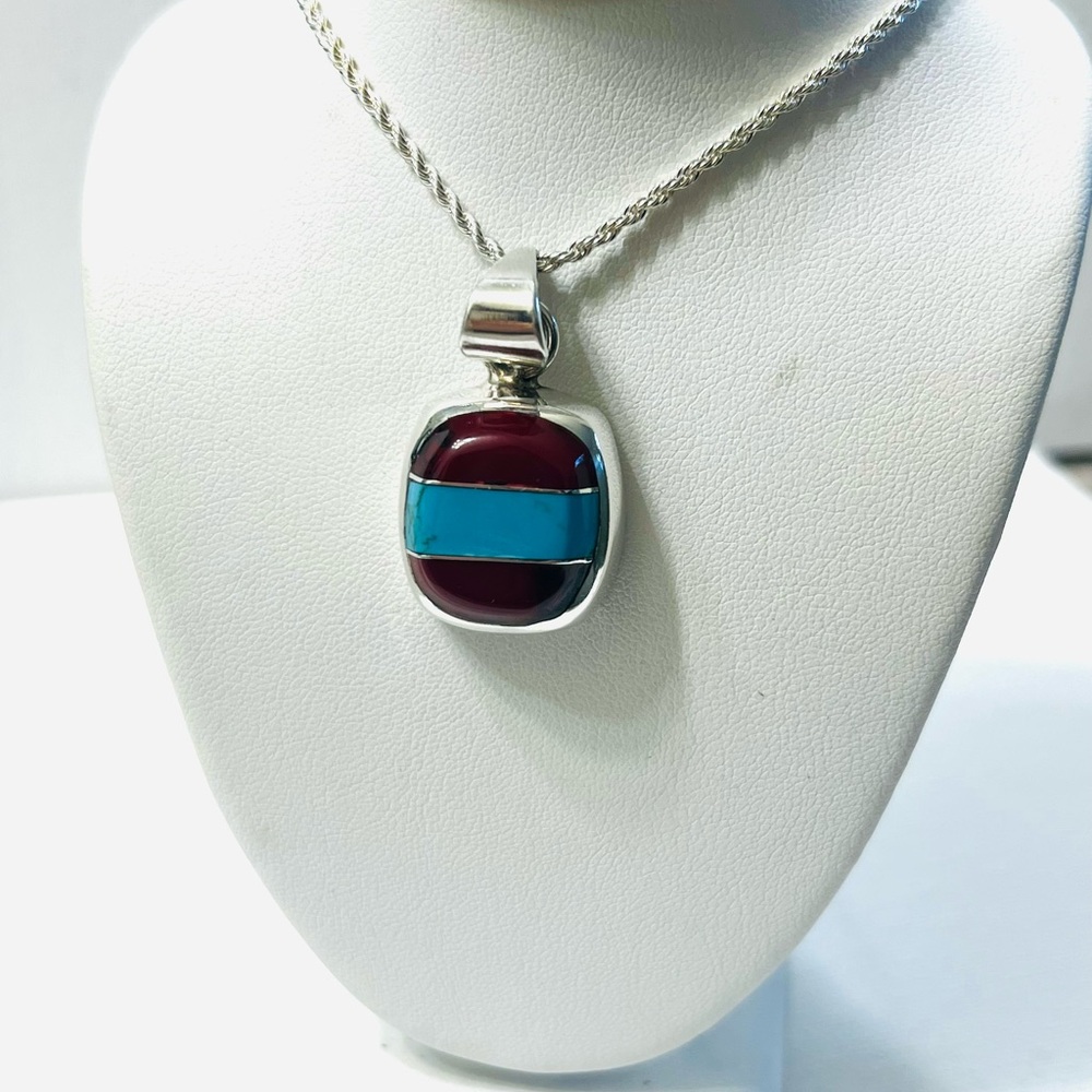 Mexico Taxco Sterling Silver Red Agate & Blue Turquoise Pendant Necklace 18”